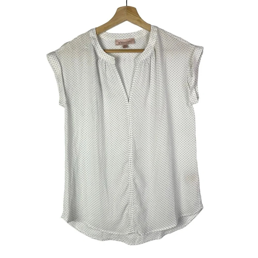 Philosophy White & Black Polka Dot Short Sleeve Blouse XS